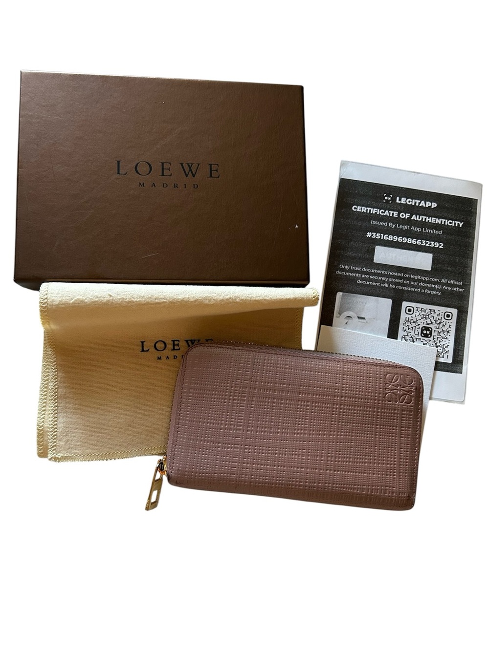Loewe Brown Zip Around Textured Leather Wallet w COA